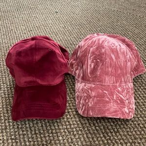 Forever 21 women’s velvet baseball cap hats in maroon and pink. Adjustable back